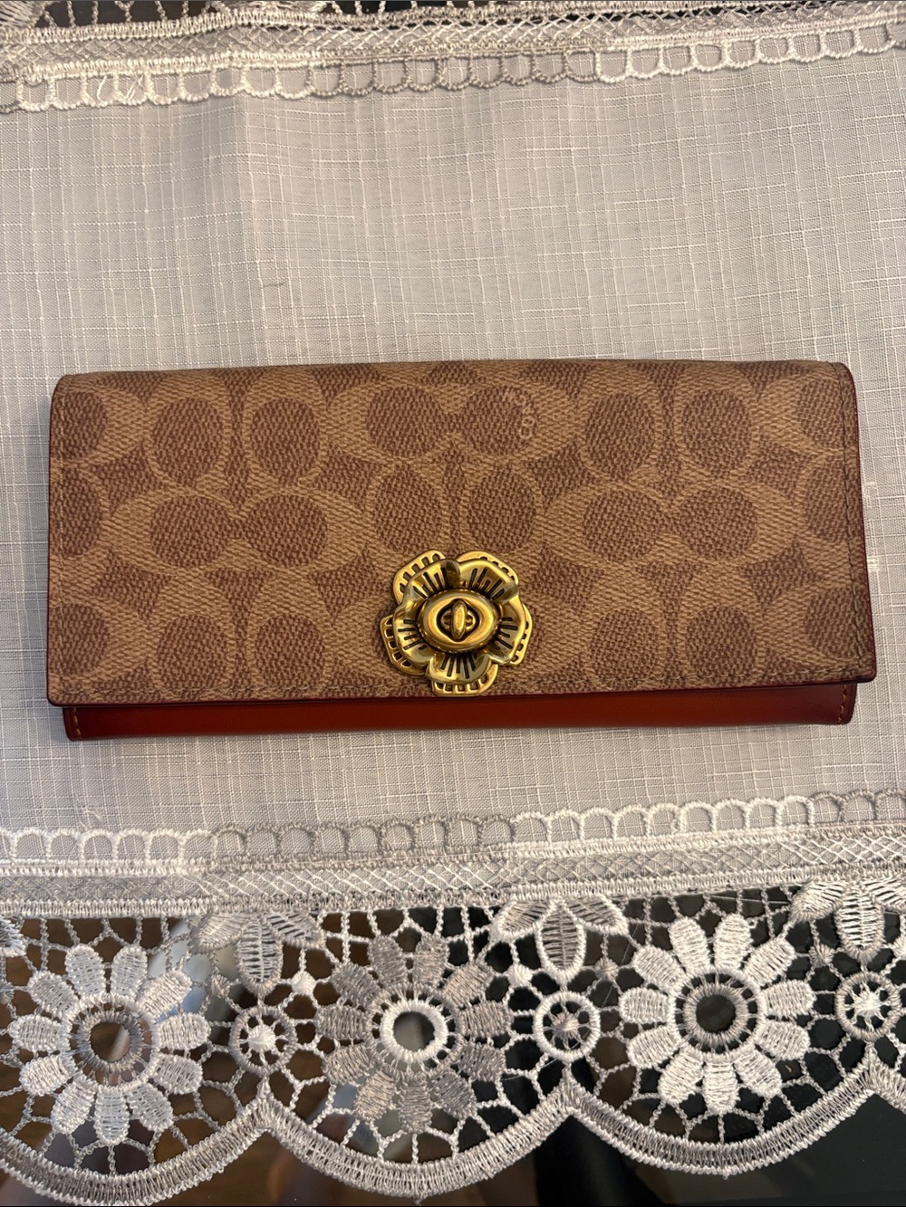 Coach Brown Signature Floral Turnlock Continental Wallet with Gold Hardware